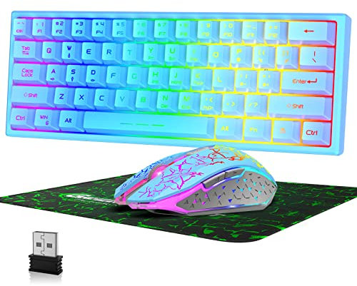 60% Wireless Gaming Keyboard and Mouse Combo Set, 2.4GHz Rechargeable 3800mAh Quiet 61 Keys Compact Gaming Keyboard with Rainbow LED Backlit + 2400DPI 6 Buttons Rainbow LED Silent Mouse (Blue)