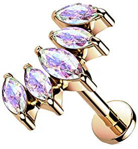 Piercing Labret en Acier Chirurgical 316L et Oxydes de Zirconium - Marquise de Zircons Disposés en Une Ligne Incurvée avec Filetage Intérieur sur Goujon à Fond Plat - (Or Rosé/Aurore Boréale, 6)