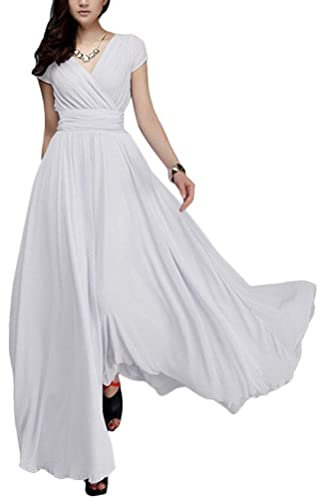 ORANDESIGNE Vestiti della Sera Lungo da Donna Abito Cerimonia in Chiffon Abito da Damigella d'Onore Scollo a V Abito da Cocktail Party Abito Estivo a Maniche Corte A Bianco 3XL