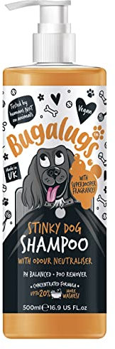 BUGALUGS Stinky Dog Shampoo with odour neutraliser, fox poo shampoo for dogs with dog perfume, vegan dog grooming dog shampoo for sensitive skin amazing puppy pet shampoo & conditioner (1x500ml)