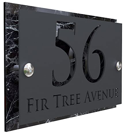 K Smart Sign | Simpatico | Modern laser Cut House Signs 3d effect door number address style sign plaques address numbers | 200mm x 130mm (Black Marble & Matt Gray)
