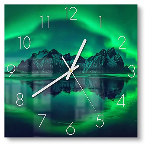 DEQORI Glasuhr | 30x30 cm | Motiv Vestrahorn im Polarlicht | ausgefallene leise Design Uhr aus Glas | Wanduhr für Wohnzimmer & Küche | moderne Hingucker Uhr für die Wand