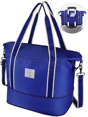 WALNEW Reisetasche für Damen und Herren, faltbar, wasserdicht, mit Metallschnalle, abnehmbarer Schultergurt und Nassfach, Klein Blau, 35L, Reisetasche
