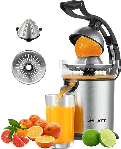ASLATT Exprimidor eléctrico de cítricos de acero inoxidable, exprimidor de naranja eléctrico, máquina exprimidora de jugo de naranja casera, diseño desmontable, fácil de limpiar