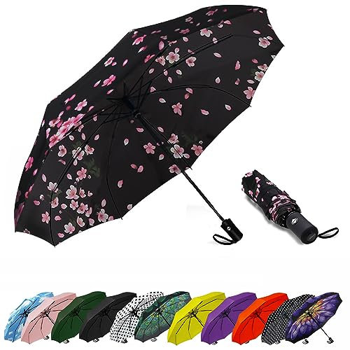 SIEPASA Sakura winddichter Reise-Regenschirm, kompakt, automatische Regenschirme für Regen, Fiberglasrahmen, Kunststoffgriff, halbrunde Form, tragbar, klein, leicht, ideal für Männer und Frauen