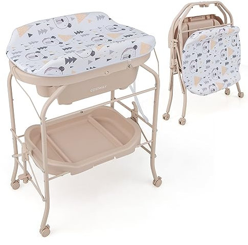 COSTWAY Bañera Bebe con Cambiador 4 en 1, Bañera Cambiador Bebe con Bandeja y 4 Ruedas Bloqueables, Cambiador Bebe Portátil y Plegable con Cesta de Almacenaje, Cojín Impermeable, Carga 35kg(Beige)