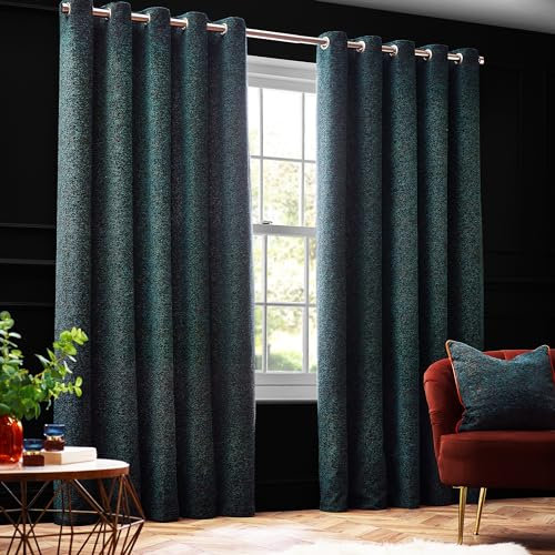Paoletti Galaxy Chenille Eyelet Curtains - 2 Panels - Width x Drop - 117 x 183cm (46 x 72) - Emerald