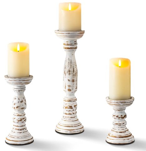 Homemory Farmhouse Kerzenhalter aus Holz für Stumpenkerzen, rustikaler Kerzenhalter für Tischdekoration, 30,5 cm, 22,9 cm, 15,2 cm, Vintage-Kerzenständer, dekorativ für Esszimmer, Kamin, Wohnzimmer