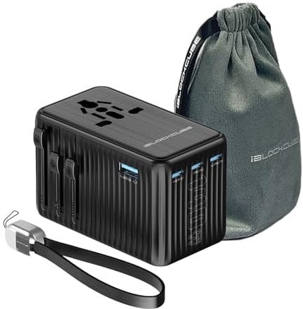 iBlockcube Universal Travel Adapter, 140W GaN Technology, EU/UK/AUS/US/JP Worldwide, Fast Charging for iPhone, MacBook pro, Vision Pro, Charging Cable Included Black