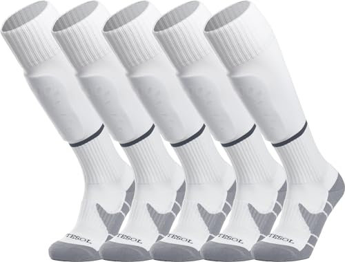 APTESOL Knielang Fußballsocken Kinder Jugend Erwachsene Lang Sportsocken Kissen Atmungsaktiv Soccer Trainingssocke (5-Paar Weiß-B, EU 32-36)