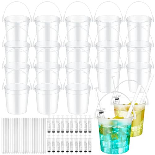Willinglong 20 Set 32oz Clear Plastic Rum Buckets for Drink with Straws Beverage Syringes Drink Buckets for Parties with Handle Reusable Punch Bowls for Rum Wine Beer Cocktail Beverage Party(Frosted)