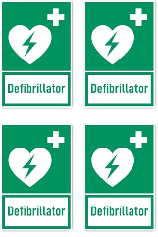 Aufkleber: 150x100 mm, 4 Stück - Automatisierter Externer Defibrillator (AED) - Rettungszeichen mit Text (deutsch) (grün/weiß) - hochkant - E010 - DIN EN ISO 7010 / ASR A1.3