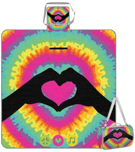 Quadratische Picknickdecke, wasserdicht, Regenbogen-Wirbel-Hand- und Herz-Geste, extra groß, 152,4 x 152,4 cm, Outdoor-Stranddecke, leichte, handliche Matte, Tragetasche für Frühling, Sommer, Camping,