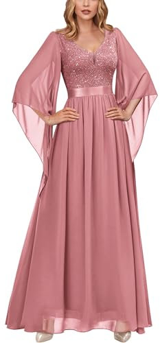 MIUSOL Women's Elegant Sequin Insert Lace Sheer Chiffon Deep V Neck Flare Sleeve Evening Prom Formal Long Dress (Small, Rosiness)