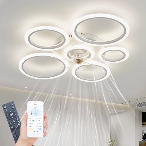 WODA Shang Mao Deckenleuchte mit Ventilator, leise, weiß, Deckenventilator mit Beleuchtung, App und Fernbedienung; 72 W, 8856 lm, dimmbar, LED, für Wohn-, Schlaf- und Esszimmer, 6-Gang, Timer (90cm)