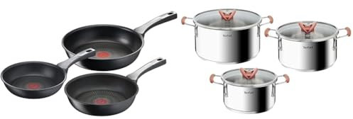 Tefal Unlimited On - 20/24/28 cm con revestimiento muy resistente, Thermo-Signal, Thermo-Fusion & OptiSpace - Juego de 3 Ollas+ 3 tapas: Ollas de 18, 20 y 24 cm de acero inoxidable