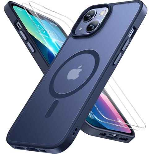 Miracase Magnetisch für iPhone 13 Hülle für Magsafe[mit 2 Schutzglas] Militärschutz Stoßfest Kratzfest Anti-Fingerabdruck Samtige Haptik Dünn Handyhülle für iPhone 13 6,1 Zoll, Matt-Blau