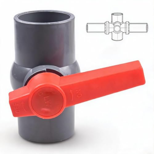 PVC Kugelhahn 50mm, Absperrhahn, Kunststoff-Wasserrohrventil für Wasserversorgung, Schiebeklebebuchse, Rot/Grau, 20 mm, 25 mm, 32 mm, 40 mm, 50 mm (50 mm)