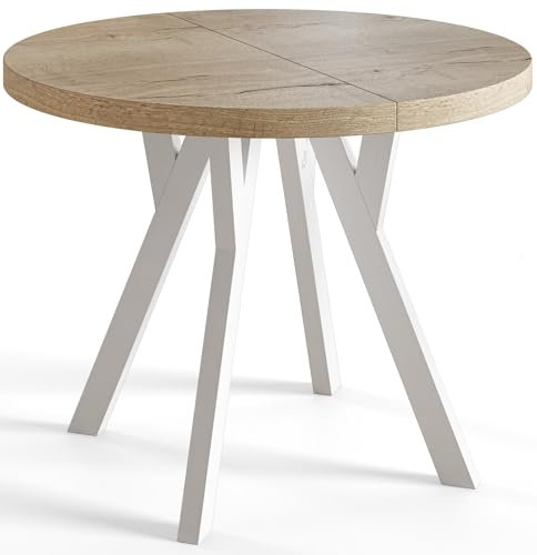 AlpiMeble Runder Esszimmertisch OVO, ausziehbarer Tisch Durchmesser: 80 cm bis 130 cm, Wohnzimmertisch Farbe: Halifax, mit Holzbeinen in Farbe Weiß