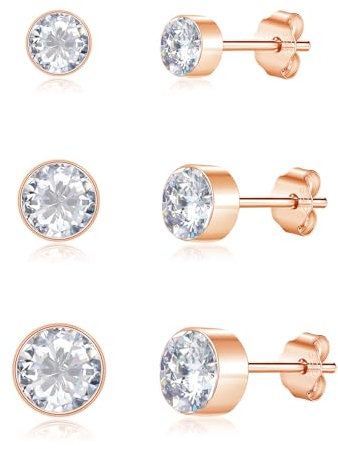 Cangall Ohrstecker Silber 925, 3 Paare 925 Sterling Silber Zirkonia Ohrstecker Set, 4/5 / 6mm Hypoallergen Klein Schlafen Knorpel Rose Gold Damen Ohrstecker Ohrringe Stecker Rose Gold für Mädchen