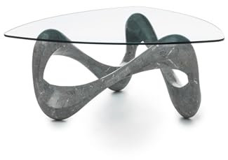MONDO VIRO Table basse en pierre fossile Scarf top en verre trempé 100x100 cm 42,5h (Gris)
