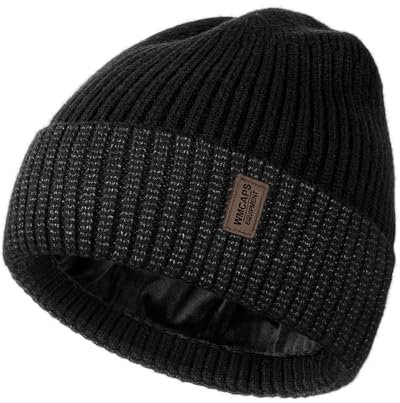 Wmcaps Mütze Herren Winter, Thermo Strickmützen für Herren, Warme Fleece Laufmütze Beanie Damen Herrenmütze Winter, Winddichte Wintermütze Männer Gefütterte und Gepolsterte (Schwarz+Dunkelgrau)