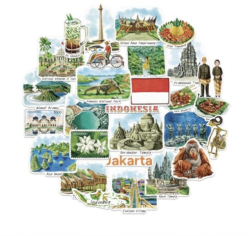 Navy Peony Vielfältige Indonesien-Reiseaufkleber (28 Stück) – Gestanzt, Jakarta, Urlaubsaufkleber mit indonesischem Thema für Journale, Scrapbooks, Gepäck, Trinkflaschen