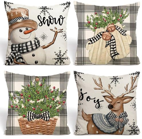 WINAROI 4er Set Kissenbezug Weihnachten,Schneemann Rentier Weihnachtsdeko Leinen Kissenbezüge 45x45 cm,Weihnachtskissenbezug,Leinen Dekorative Zierkissenbezüge,Dekokissen Weihnachtskissenbezug
