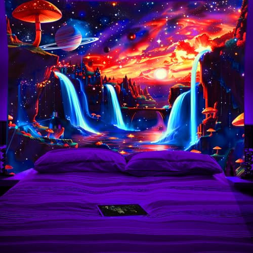 Koonafy Schwarzlicht Galaxie Planet Wandteppich, UV-reaktiver Naturteppich, Berg-Wellen-Wandbehang, Psychedelic Wandteppich Aesthetic Wandbehang Wohnzimmer Dekoration 150x130cm (A)