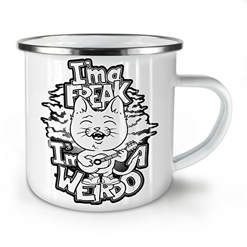 Wellcoda Cat Radio Music Creep Enamel Mug, Weirdo Cup - Strong, Easy-Grip Handle, Two Side Print, Ideal for Camping & Outdoors