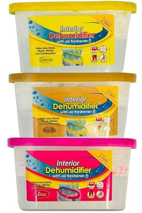 Scented Interior Dehumidifier With Air Freshner Help Stop Damp, Mould, Mildew and Condensation in Home, Kitchen, Bedroom, Wardrobe, Office, Caravan, Garage, Bathroom & Basement- Set Of 3