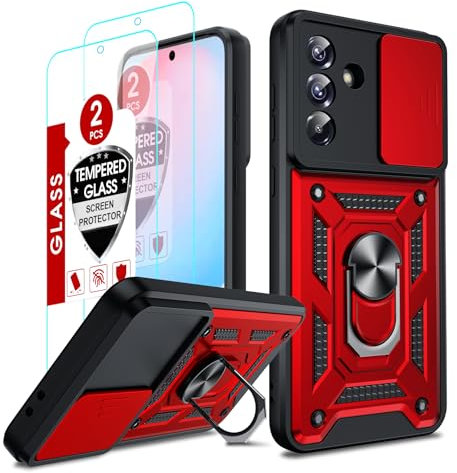 LeYi Hülle für Samsung Galaxy A56 5G Kameraschieber Handyhülle [2 Displayschutzfolie] Metallring Schiebekamera Abdeckung Schutzhülle Drehhalter Case Militärschutz Stoßfest A 56 5 G Handy Cover Rot