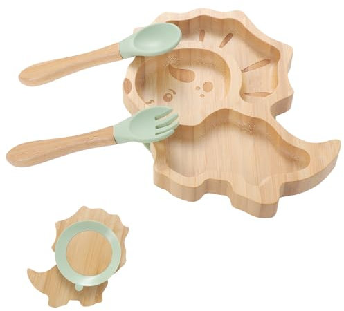 HonGien Baby Plates with Suction Bamboo Plates with Fork and Spoon Non-Slip Baby Bamboo Plate Bamboo Weaning Set for Kids Bamboo Divided Suction Plate Baby Toddlers and Baby Weaning (Dinosaur)