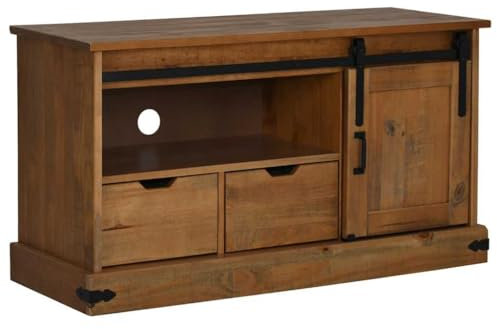 vidaXL TV Cabinet HALDEN - Sliding Door - White Solid Pine 110x40x60 cm - Versatile Stand with Storage for Living Room & Bedroom