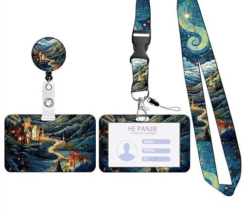 Porte-Badge Personnalisé,Tour de Cou Badge avec Porte-Cartes,Porte Badge Enrouleur,Strap Neck avec Swivel Lobster Clasp pour Porte Badges d'Identification (A-Champ de montagne de Cartoon)