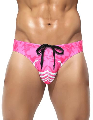 Mauro Kane Maillot de Bain pour Homme, Slip de Bain Taille Basse Swim Briefs pour Piscine Plage Plongée, Cordon de Serrage Réglable avec Imprimé Shorts Couleur Rose M