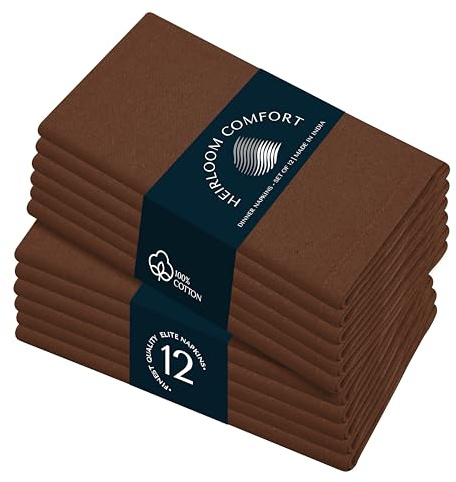 HEIRLOOM COMFORT Braune Stoffservietten - 100% Baumwolle, weich, haltbar, saugfähig, waschbar - 12er-Pack - Ideal für Frühling, Sommerfeste, Bauernhaus, rustikale Hochzeiten, Erntedankfest, Herbst