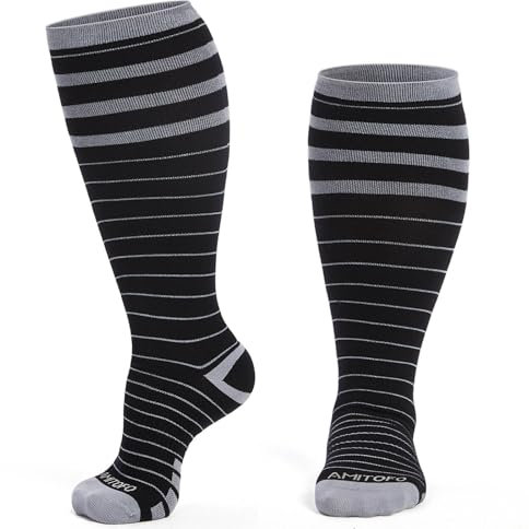 PUTUO Kompressionsstrümpfe Dicke Waden für Damen: Bambus-Viskose Übergröße Stützstrümpfe für Herren mit Weiter Wade - Thrombosestrümpfe für Flug Reise Gestreift 1 Paar XXL