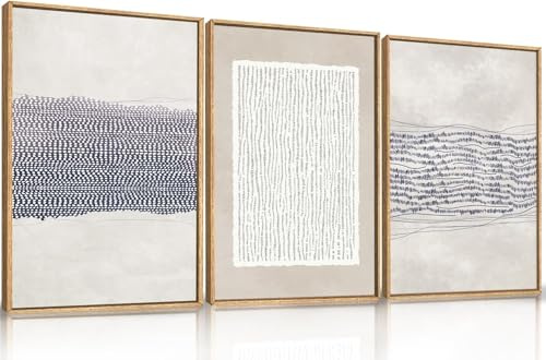 TOARTi Blue White Abstract Neutral Framed Canvas Wall Art Set,Minimalist Boho Lines Wall Decor,Modern Neutral Art Print,Mid Century Blue Artwork for Living Room,Bedroom,Office 12x16inchx3pcs
