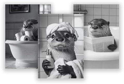 WBdesignz 3er Poster-Set – Otter im Bad – Lustige Schwarz-Weiß Wanddeko mit Tiermotiven für Gäste-WC, Badezimmer oder Toilette (DIN A4) – ohne Rahmen