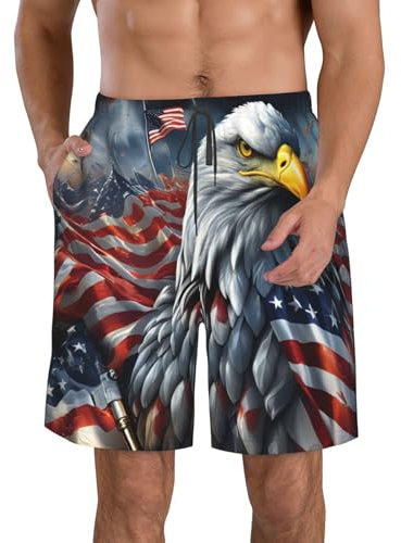 Adler mit USA-Flagge, bedruckt, Strand-Shorts, Badehose, Badehose für Herren, Badeanzug, Herren-Shorts mit 3 Taschen, Weiss/opulenter Garten, X-Large