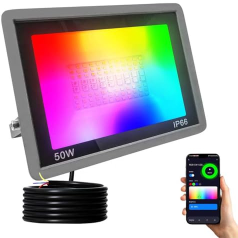 JBdusn 50W Foco LED RGB de Colores Exterior, Inteligente RGBCW Proyector Colorido con Control por Aplicación Bluetooth/Wifi, Luces de Fiesta Regulables para Discotecas, Fiestas, Halloween, Escenarios