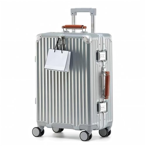 yuweijie Koffer groß, Koffer & Trolleys - Robuster Alu-Rahmen Suitcase für Reisen, 4 Rollen, TSA Schloss, Silber mit braunem Ledergriff, XL-75cm
