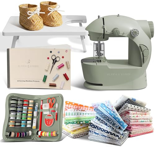 Hearth & Harbor Mini Sewing Machine for Beginners, Small Portable Double Speed Sewing Machine for Kids and Adults with Extension Table, 122-Piece Gift Set Includes: Fabrics, Project Book and