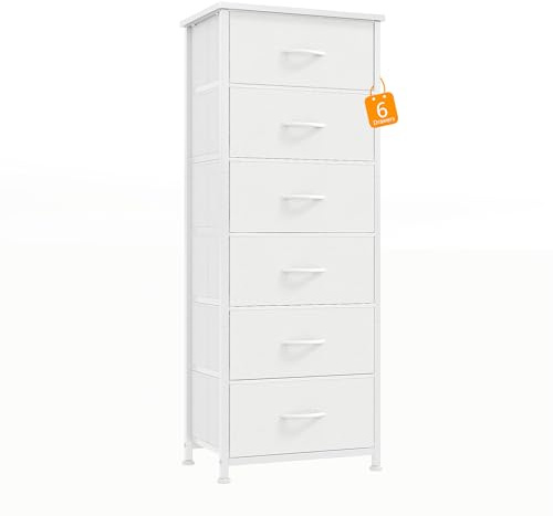 CAIYUN Kommode Schmal, Schubladenschrank, Aufbewahrungsschrank mit 6 Schubladen aus Stoff, Hoch und Schmale Holztop Komodenschrank Sideboard Möbel für Schlafzimmer/Wohnzimmer/Flur/Kinderzimmer,Weiß