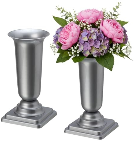 matches21 HOME & HOBBY Wetterfeste Grabvasen mit Sockel 31 cm Silber - 2 Friedhofsvasen zum Hinstellen als Grabschmuck