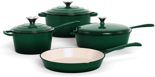 Kitchen Academy, Gusseisen Topf, 7-teiliges Set mit Dutch Ovens Grün | Emailliertes Gusseisen-Kochgeschirr, Soßenpfanne, Pfanne, 3 Deckeln, Dutch Oven Set, Töpfe und Pfannen Set Antihaft