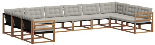 vidaXL Outdoor-Sofagarnitur mit Kissen 10 pcs Natürlich und Hellgrau, Gartenmöbel Set, modernes Sofa für draußen, ergonomisches Design, bequemer Sitzplatz, stilige Couch für den Patio