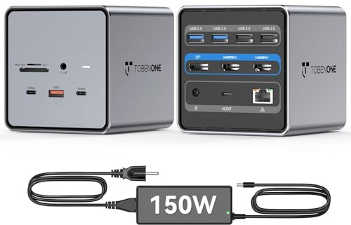 TobenONE USB-C-Dockingstation für Zwei/DREI Monitore mit 150-W-Netzteil | Dockingstationen für Windows/Dell/HP/Lenovo/Surface/Asus/Chromebook, 2 HDMI, DP, 5 USB A/C, Ethernet, SD 4.0/Micro SD