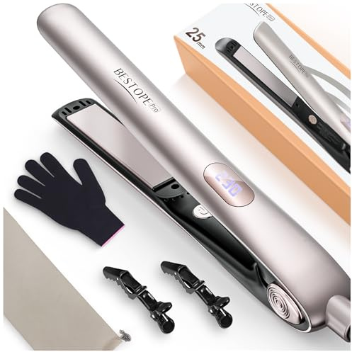 Plancha de Pelo Profesional Keratina, Planchas del Pelo Anti Frizz, Champán | Doble Voltaje Plancha Pelo Viaje, Ion Plancha de Cabello con Pantalla Digital, 15S Calentamiento Rápido, 120°C-230°C